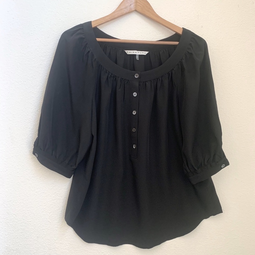 Vintage Trina Turk Black Silk Blouse Puff Sleeve Popover Size Large L